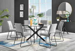 Furniturebox Novara Clear Tempered Glass 120Cm Round Dining Table With Black Starburst Legs & 6 Cream Halle Soft Fabric Chairs - thumbnail 1