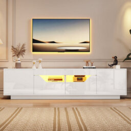 High Gloss Tv Stand With 2 Doors, 2 Drawers, Open Storage And Led Lights, White - thumbnail 1