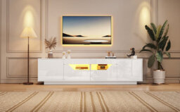 High Gloss Tv Stand With 2 Doors, 2 Drawers, Open Storage And Led Lights, White - thumbnail 8