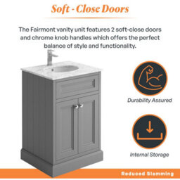 Plum&clay Fairmont Traditional Light Grey Square Floor Standing Bathroom Vanity Unit With Ceramic Basin & Marble Top (W)600mm - thumbnail 4