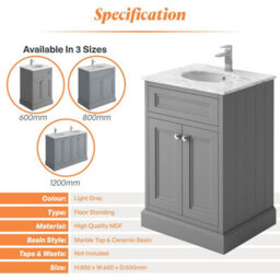 Plum&clay Fairmont Traditional Light Grey Square Floor Standing Bathroom Vanity Unit With Ceramic Basin & Marble Top (W)600mm - thumbnail 5
