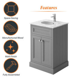 Plum&clay Fairmont Traditional Light Grey Square Floor Standing Bathroom Vanity Unit With Ceramic Basin & Marble Top (W)600mm - thumbnail 6