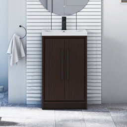 Royal Bathrooms Livora 500mm Walnut Woodgrain Floor Standing Vanity Cloakroom Unit 2 Door With Mid-Edge Basin & Matt Black Handle