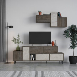 Decortie Hermes Modern Tv Unit Dark Coffee Gold Marble Effect With Wall Storage Unit 171.2Cm - thumbnail 1