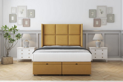 "Sloomy Beaumont Mustard Plush Ottoman Bed Base With 54"" Wingback Headboard 2'6 Small Single" - image 1
