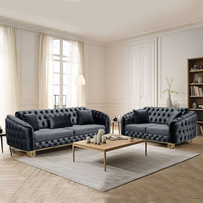 Sliding Wardrobes 4 u LTD Paris 3+2 Plush Velvet Chesterfield Sofa Set In 3 Colors - Black 3+2