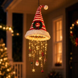 Amorly Christmas Lighted Santa Hat Chandelier, Warm Led Hanging Decor, Sequined Cone With Chime Star Tassel, Indoor Outdoor Decoration - thumbnail 1