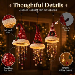 Amorly Christmas Lighted Santa Hat Chandelier, Warm Led Hanging Decor, Sequined Cone With Chime Star Tassel, Indoor Outdoor Decoration - thumbnail 7