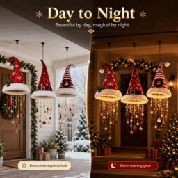 Amorly Christmas Lighted Santa Hat Chandelier, Warm Led Hanging Decor, Sequined Cone With Chime Star Tassel, Indoor Outdoor Decoration - thumbnail 6