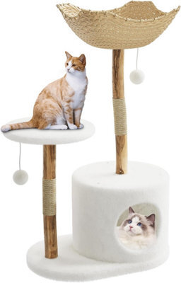 London Boutique 110 Cm Wooden Cat Tree, Multi-Level Cat Tower With Scratching Posts, Rattan Basket, Perches And Cat House, A Style - image 1
