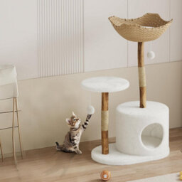 London Boutique 110 Cm Wooden Cat Tree, Multi-Level Cat Tower With Scratching Posts, Rattan Basket, Perches And Cat House, A Style - thumbnail 9