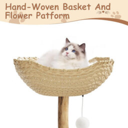 London Boutique 110 Cm Wooden Cat Tree, Multi-Level Cat Tower With Scratching Posts, Rattan Basket, Perches And Cat House, A Style - thumbnail 8
