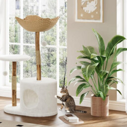 London Boutique 110 Cm Wooden Cat Tree, Multi-Level Cat Tower With Scratching Posts, Rattan Basket, Perches And Cat House, A Style - thumbnail 2