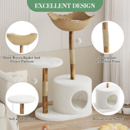 London Boutique 110 Cm Wooden Cat Tree, Multi-Level Cat Tower With Scratching Posts, Rattan Basket, Perches And Cat House, A Style - thumbnail 4