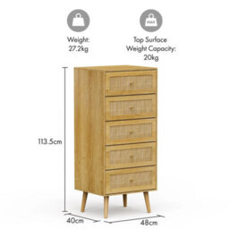 Tall Chest Of Drawers With Natural Rattan, Slim Chest Of Drawers - thumbnail 2