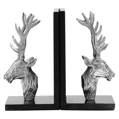 Premier Housewares Interiors By Premier Set Of 2 Stag Head Bookends With Marble Base, Book Ends With Stag Details, Metallic Stag Head Bookends - image 1