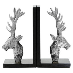 Premier Housewares Interiors By Premier Set Of 2 Stag Head Bookends With Marble Base, Book Ends With Stag Details, Metallic Stag Head Bookends