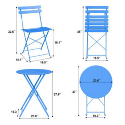 3 Piece Foldable Metal Bistro Set, Collapsible Table & 2 Patio Chairs, Space Saving For Balcony Garden Small Patio, Blue - thumbnail 7