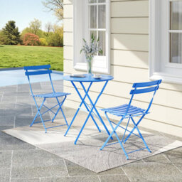 3 Piece Foldable Metal Bistro Set, Collapsible Table & 2 Patio Chairs, Space Saving For Balcony Garden Small Patio, Blue - thumbnail 5