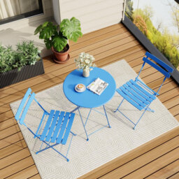3 Piece Foldable Metal Bistro Set, Collapsible Table & 2 Patio Chairs, Space Saving For Balcony Garden Small Patio, Blue - thumbnail 6