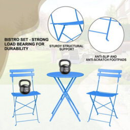 3 Piece Foldable Metal Bistro Set, Collapsible Table & 2 Patio Chairs, Space Saving For Balcony Garden Small Patio, Blue - thumbnail 2