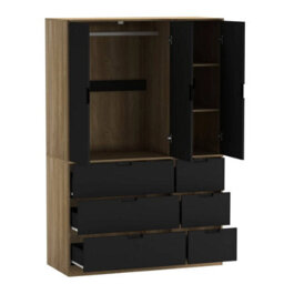 Urbn-Living Urbnliving Wooden 3 Door 6 Drawer Wardrobe Bedroom Storage Closet Shelves Hanging Rail Oak Unit Black Doors Drawers - thumbnail 6