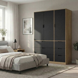 Urbn-Living Urbnliving Wooden 3 Door 6 Drawer Wardrobe Bedroom Storage Closet Shelves Hanging Rail Oak Unit Black Doors Drawers - thumbnail 2
