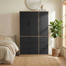 Urbn-Living Urbnliving Wooden 3 Door 6 Drawer Wardrobe Bedroom Storage Closet Shelves Hanging Rail Oak Unit Black Doors Drawers - thumbnail 3