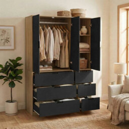 Urbn-Living Urbnliving Wooden 3 Door 6 Drawer Wardrobe Bedroom Storage Closet Shelves Hanging Rail Oak Unit Black Doors Drawers - thumbnail 4