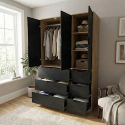 Urbn-Living Urbnliving Wooden 3 Door 6 Drawer Wardrobe Bedroom Storage Closet Shelves Hanging Rail Oak Unit Black Doors Drawers - thumbnail 5