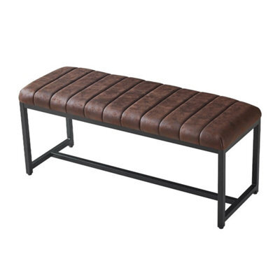 Dining Bench, Brown Leather Effect Fabric Seat Bench With Black Metal Legs 110Cm - image 1