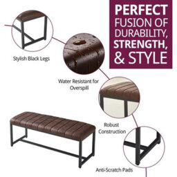 Dining Bench, Brown Leather Effect Fabric Seat Bench With Black Metal Legs 110Cm - thumbnail 3