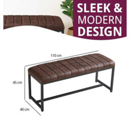 Dining Bench, Brown Leather Effect Fabric Seat Bench With Black Metal Legs 110Cm - thumbnail 2