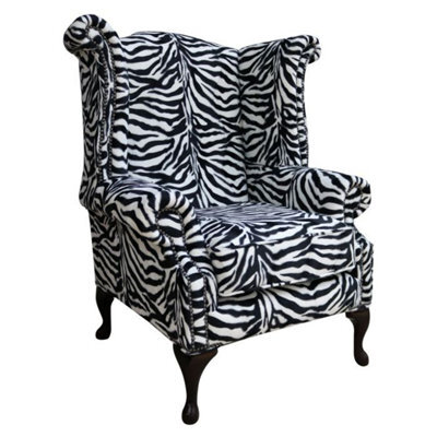 Chesterfield High Back Wing Chair Zebra Animal Print Fabric In Queen Anne Style - image 1