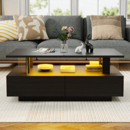 Btm Coffee Table 100X50X42.5Cm, Rectangle End Table With Led, 2 Drawers   Open Storage, Black, Particleboard Acrylic