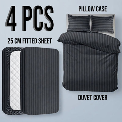 Oxford Homeware Charcoal Single Stripe Soft Microfiber Duvet Cover, Fitted Sheet & Pillowcase Set 4 Piece Bedding Set