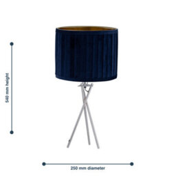 First Choice Lighting Sundance - Chrome Tripod Table Lamp Navy Blue Pleated Velvet Shade - thumbnail 5