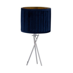 First Choice Lighting Sundance - Chrome Tripod Table Lamp Navy Blue Pleated Velvet Shade - thumbnail 1