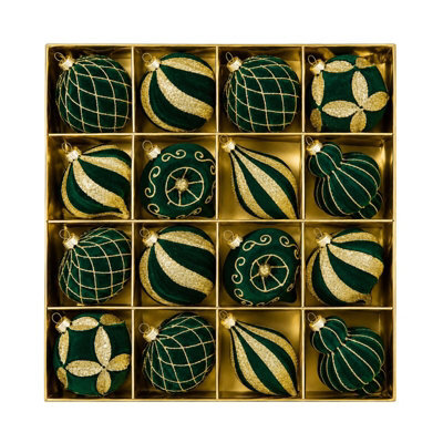 Amorly 16Pack Green Velvet Christmas Baubles, 3.15 Inch Golden Glitter Hanging Ornaments For Christmas Tree, Holiday Party Decoration - image 1