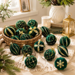 Amorly 16Pack Green Velvet Christmas Baubles, 3.15 Inch Golden Glitter Hanging Ornaments For Christmas Tree, Holiday Party Decoration - thumbnail 8