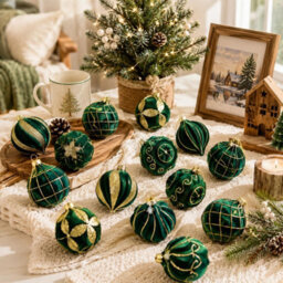 Amorly 16Pack Green Velvet Christmas Baubles, 3.15 Inch Golden Glitter Hanging Ornaments For Christmas Tree, Holiday Party Decoration - thumbnail 4