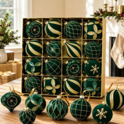 Amorly 16Pack Green Velvet Christmas Baubles, 3.15 Inch Golden Glitter Hanging Ornaments For Christmas Tree, Holiday Party Decoration - thumbnail 3