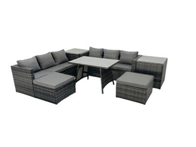 Fimous Rattan Dining Table Sofa Set With 2 Side Tables 2 Big Footstools Outdoor Garden Furniture Set Dark Grey Mixed - image 1