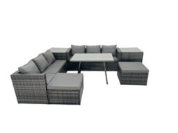 Fimous Rattan Dining Table Sofa Set With 2 Side Tables 2 Big Footstools Outdoor Garden Furniture Set Dark Grey Mixed - thumbnail 2