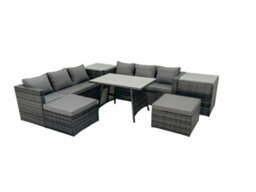 Fimous Rattan Dining Table Sofa Set With 2 Side Tables 2 Big Footstools Outdoor Garden Furniture Set Dark Grey Mixed - thumbnail 1