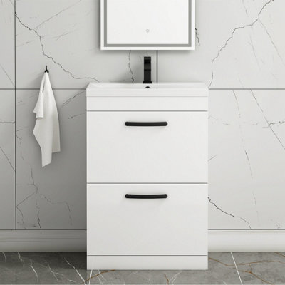 Royal Bathrooms Turin Gloss White 600mm Floor Standing Vanity Unit 2 Drawer With Mid-Edge Basin Sink & Matt Black Handles - image 1