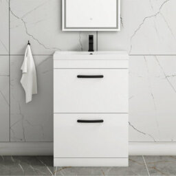 Royal Bathrooms Turin Gloss White 600mm Floor Standing Vanity Unit 2 Drawer With Mid-Edge Basin Sink & Matt Black Handles