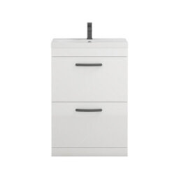 Royal Bathrooms Turin Gloss White 600mm Floor Standing Vanity Unit 2 Drawer With Mid-Edge Basin Sink & Matt Black Handles - thumbnail 6