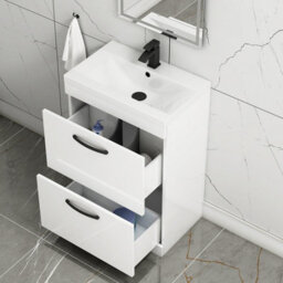 Royal Bathrooms Turin Gloss White 600mm Floor Standing Vanity Unit 2 Drawer With Mid-Edge Basin Sink & Matt Black Handles - thumbnail 5