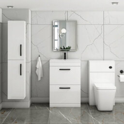 Royal Bathrooms Turin Gloss White 600mm Floor Standing Vanity Unit 2 Drawer With Mid-Edge Basin Sink & Matt Black Handles - thumbnail 4